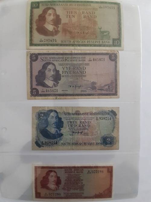TW de Jongh Set of R1, R2, R5 and R10 South African Banknotes